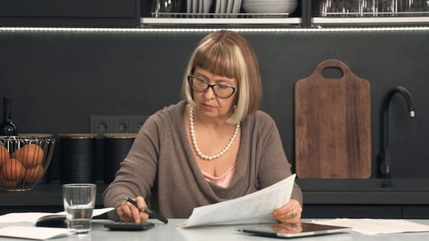 A person sitting at a desk reviewing a stack of tax documents, with a calculator and pen in hand. The scene is lit by natural light, highlighting the importance of careful financial review. The composition is orderly, emphasizing attention to detail in tax preparation.