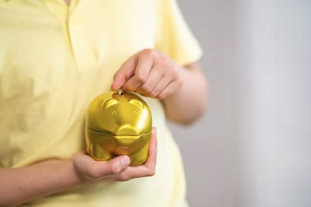 A close-up shot of hands carefully placing coins into a piggy bank, symbolizing saving for future healthcare needs, with a soft focus background suggesting stability and growth.
